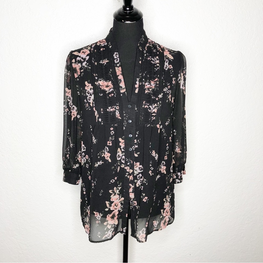 Banana Republic black pink floral sheer button down top size Medium